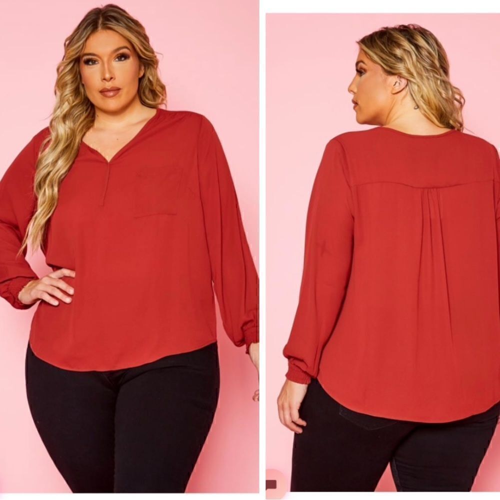 PLEIONE Plus Size V Neck Pocket Hem Long Sleeve Blouse Size 1X